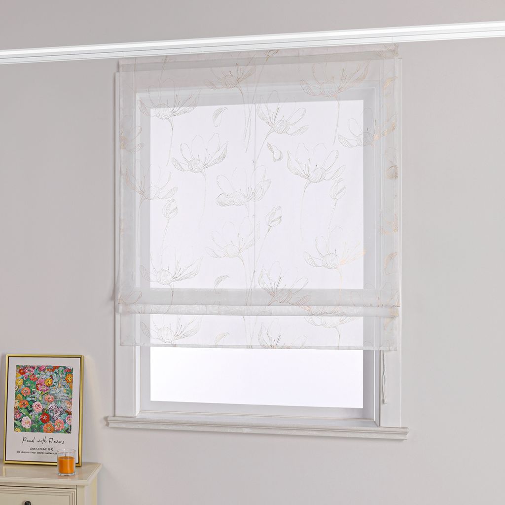 Raffrollo mit Klettband, Voile Küche Gardinen Raffgardinen Bändchenrollo mit Lotusmuster, Transparent, Silber BxH 80x140cm 1 Stück