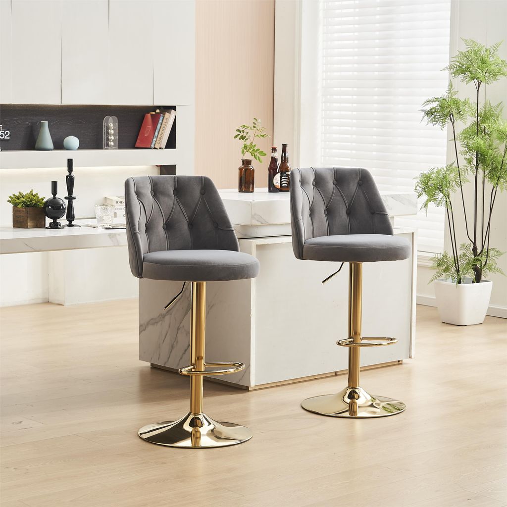 okwish Barhocker Samt 2er Set Küchenstuhl Höhenverstellbar Drehbar Gepolsterte Rückenlehne Metallfuß mit Fußstütze Für Küche Hausbar Grau
