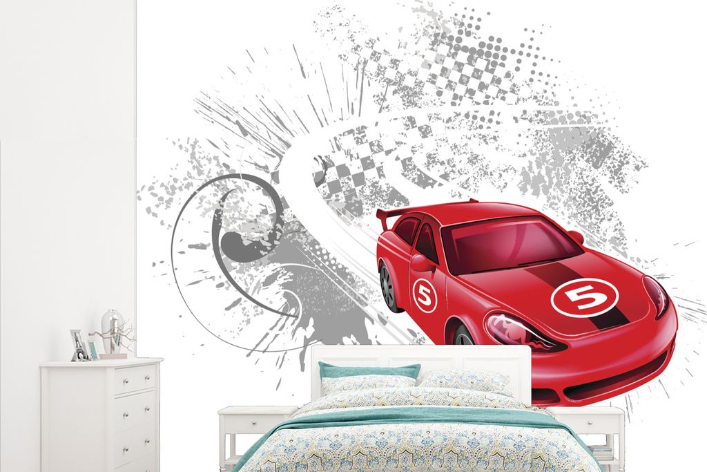 MuchoWow Fototapete für Wohnzimmer oder Schlafzimmer Wandtapete Vinyl Motivtapete Illustration eines roten Rennwagens vor einem grauen Hintergru...