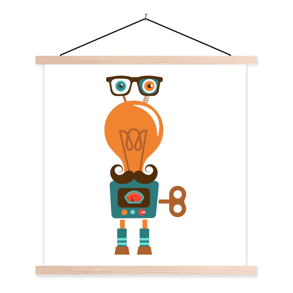 MuchoWow Textilposter Roboter - Brille - Schnauzbart - Kinder - Jungen 120x120 cm mit holzfarbenen Rahmen - Textil-Poster