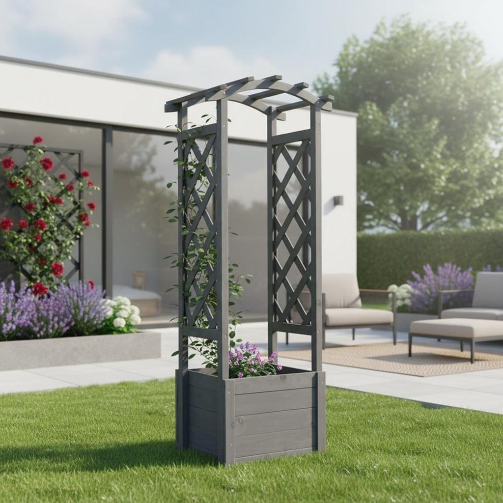 Mucola Rosenbogen mit Pflanzkasten Rankgitter Rosensäule Holz Rankgestell Spalier Pergola Rankhilfe Rosensäule - Grau