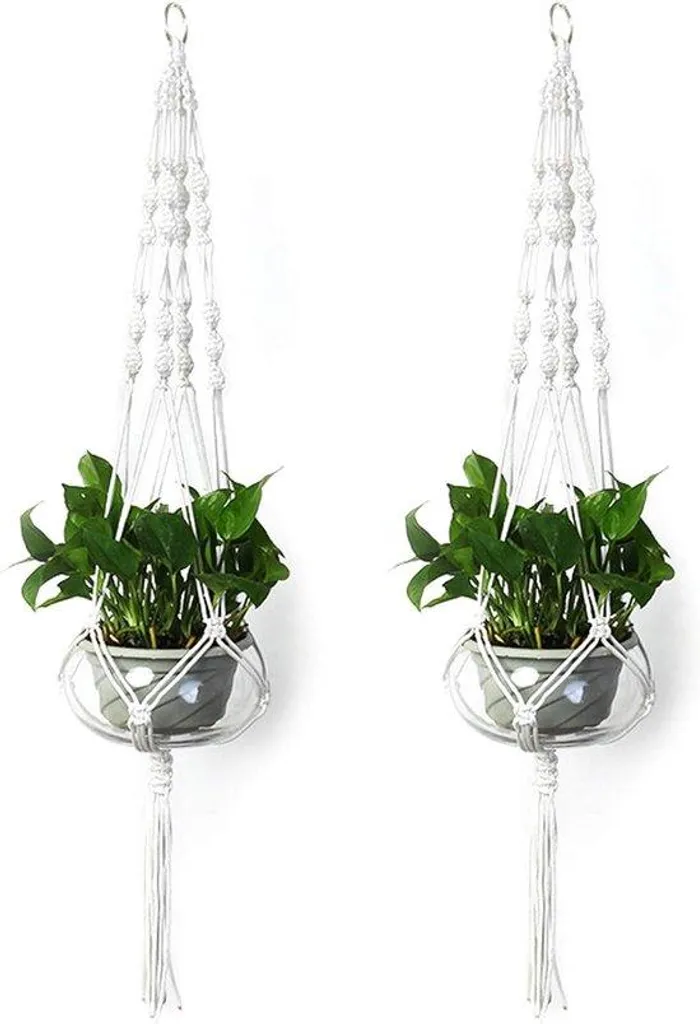 Décoration Jardin et Terrasse : Lot 2 Paniers Macramé Suspendus Blancs