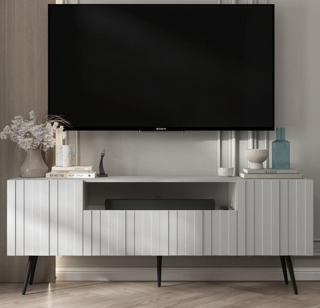 TV-Schrank Glamour RTV RTV-Schrank Elpis 2 - Modern - Lindner Möbel - 150cm x 60,5cm x 36,5cm, Farbe: Weiß matt, Schwarz Metallbeine