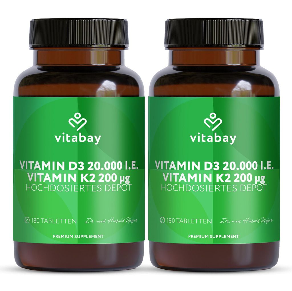 Vitabay Vitamin D3 + K2 Depot – 360 vegane Tabletten – 20.000 I.E. Vitamin D3 mit K2 MK7 All-Trans – ohne Zusatzstoffe – vegan - 2er Bundle