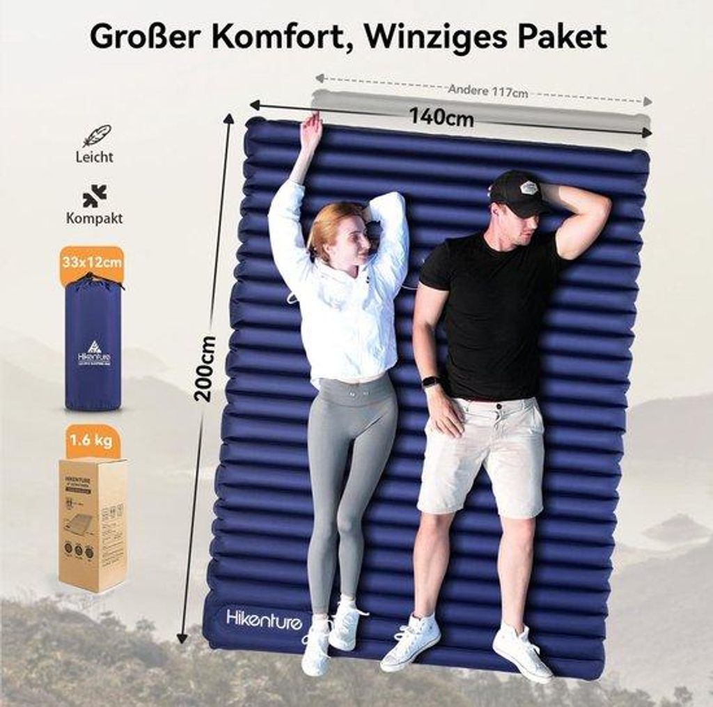 Ultraleichtes Doppel-Luftbett 140cm blau für 2 Personen zum Campen