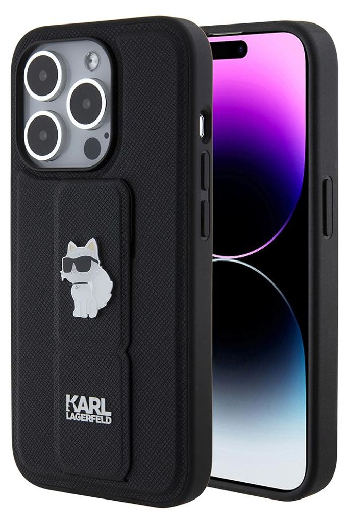 Karl Lagerfeld Gripstand Saffiano Choupette Pins Hülle für iPhone 15 Pro Schwarz Handyhülle