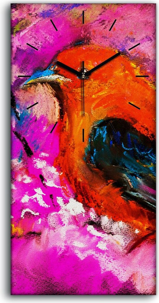 Wandbild Leinwand Bilder mit Uhr Quarz 30x60 Modernes Gemälde eines roten Vogels - schwarze Hände
