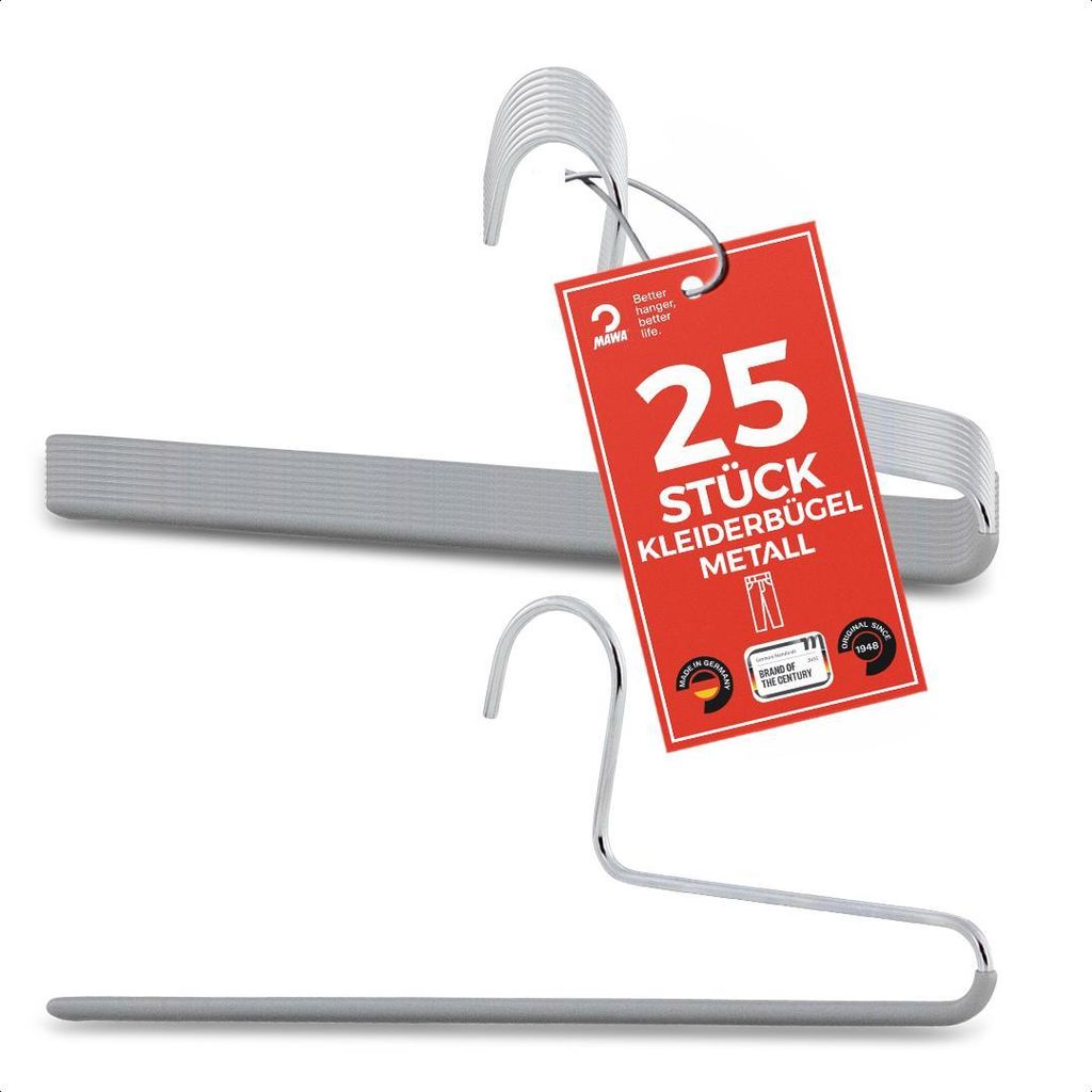 MAWA Hosenbügel, 25er-Set, rutschfest, 32 cm, Silber, ideal für Anzughosen