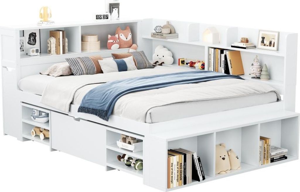 AIORBER Kinderbett 90x200 / 140x200 Einzelbett multifunktional mit Schubladen Bücherregal Stauschrank Lattenrost großer Stauraum ohne Matratze Weiß