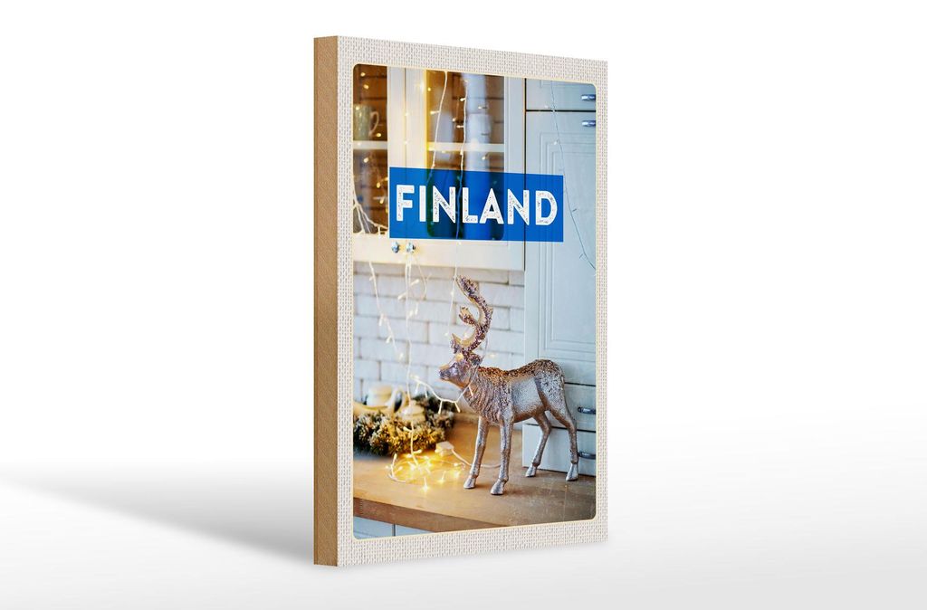 Holzschild Reise 20x30cm Finnland Hirsch Lichterkette Produktbild 