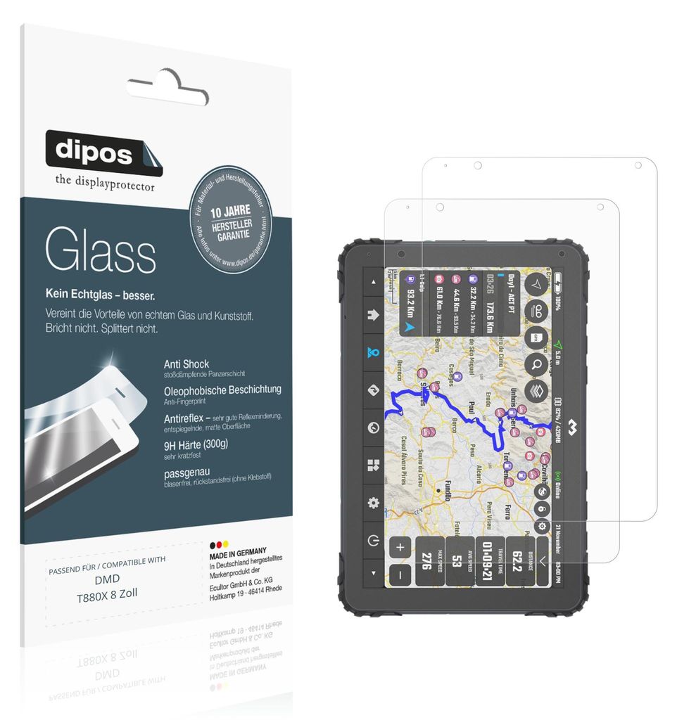 2x Schutzfolie für DMD T880X 8 Zoll matt - Anti-Shock 9H Folie dipos Glass Kunststoffglas