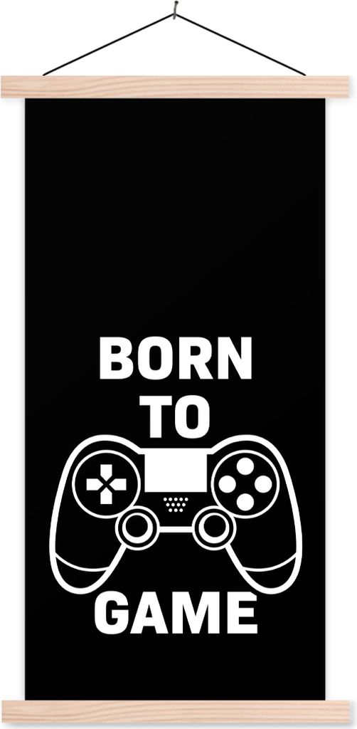 MuchoWow Textilposter Gaming - Zitate - Controller - Zum Spielen geboren - Schwarz - Weiß 40x80 cm mit holzfarbenen Rahmen - Wohnzimmer