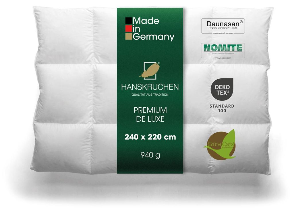 HANSKRUCHEN Daunendecke 240x220 cm Leicht 90% Daunen waschbar Allergiker Kassettendecke atmungsaktiv Decke weiss - Premium de Luxe