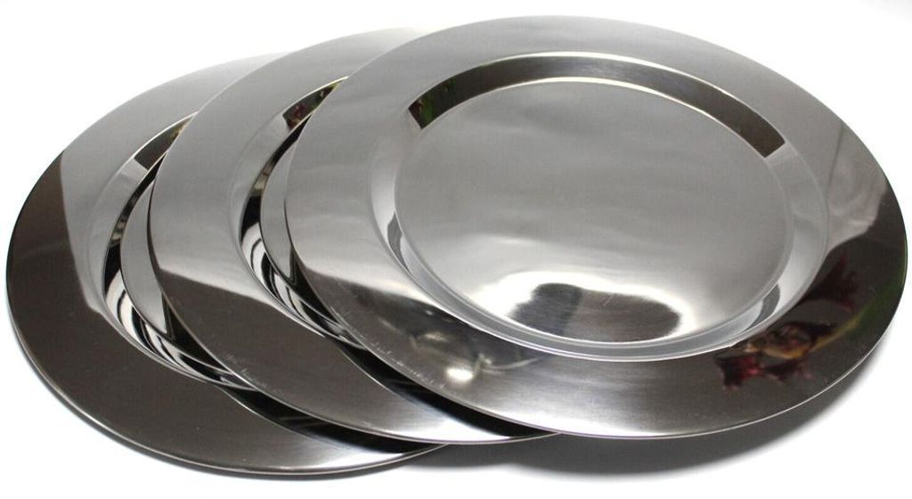 3 Stück Edelstahl Servierteller flach Durchmesser 32 cm, Rand 4 cm