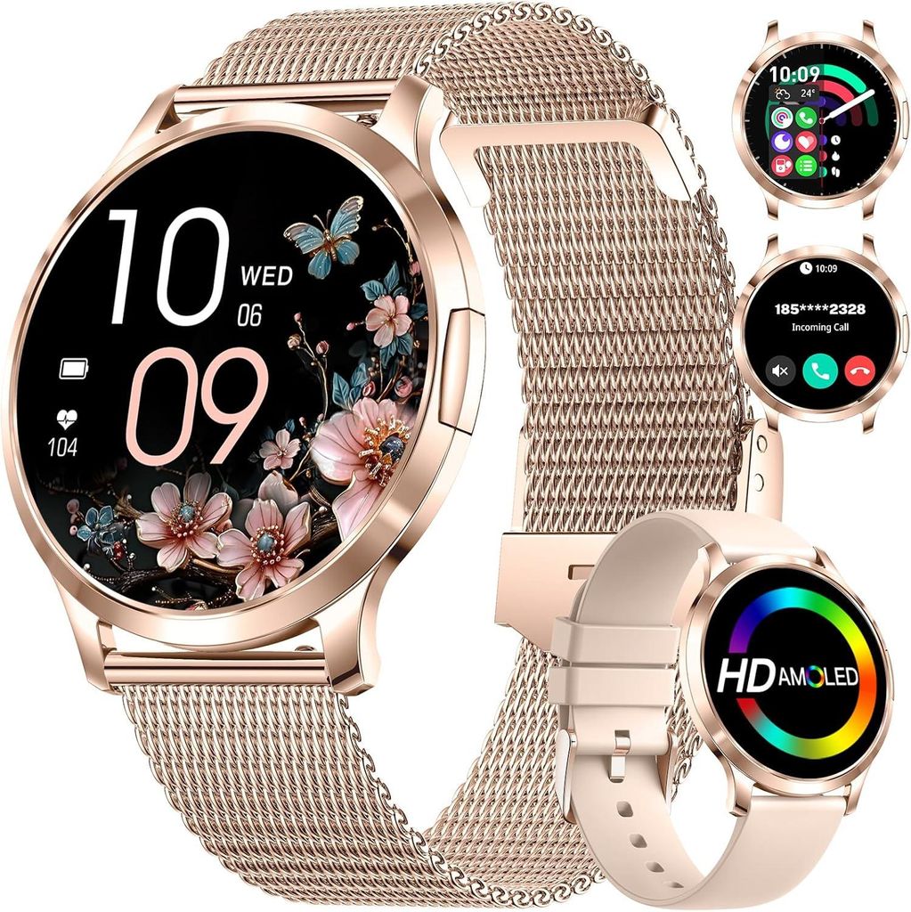 Elegante Damen-Smartwatch, kompatibel mit iOS und Android, , Fitness-Tracker, Zyklus- und Gesundheitsüberwachung, über 100 Sportmodi