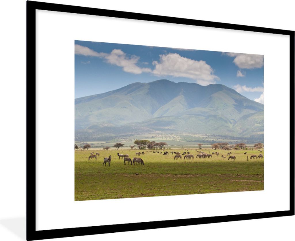 MuchoWow Gerahmtes Poster Wilde Tiere beim Grasen in der Savanne des Serengeti-Nationalparks 90x60 cm - Poster mit Schwarzem Bilderrahmen Wandpos...