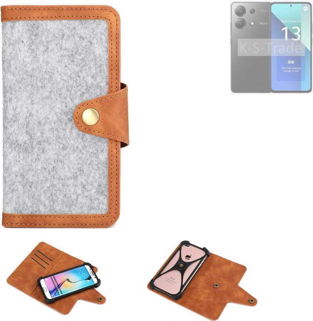 K-S-Trade Handyhülle kompatibel mit Xiaomi Redmi Note 13 4G Schutzhülle Filz-Hülle Kunst-Leder hellgrau braun (1x)