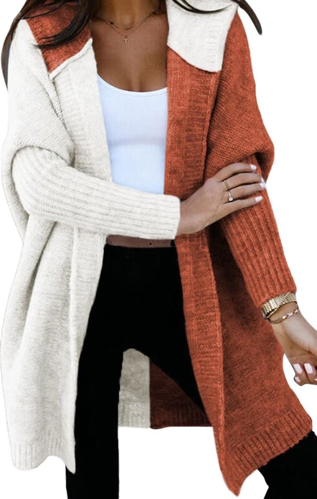 ASKSA Damen Strickjacken Kapuzenpullover Warm Lang Cardigan Strickmantel Casual Herbst Winter Grobstrickjacke Mit Kapuze (Orange,L)