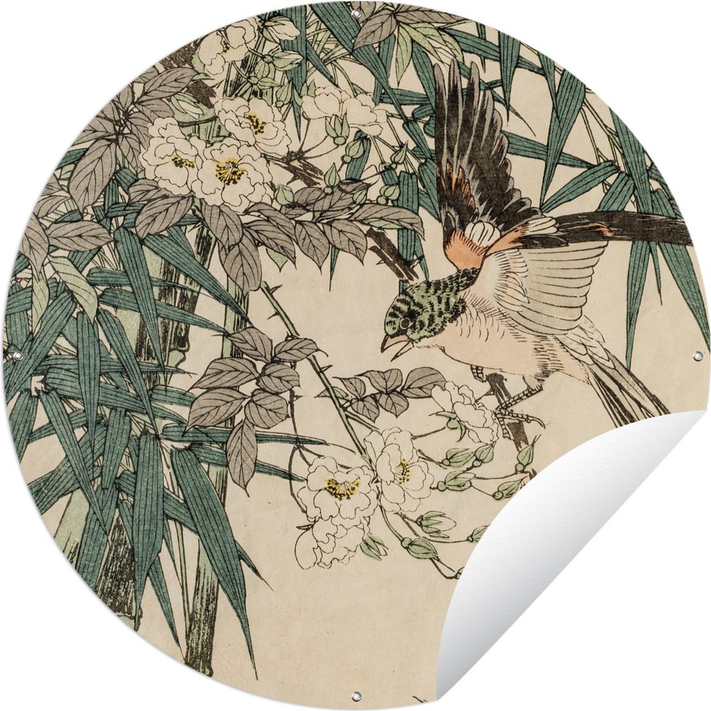 MuchoWow Gartenposter Outdoor-Poster Rund Roter Vogel im Bambus Ø 150 cm Gartendeko Rundes Poster draußen