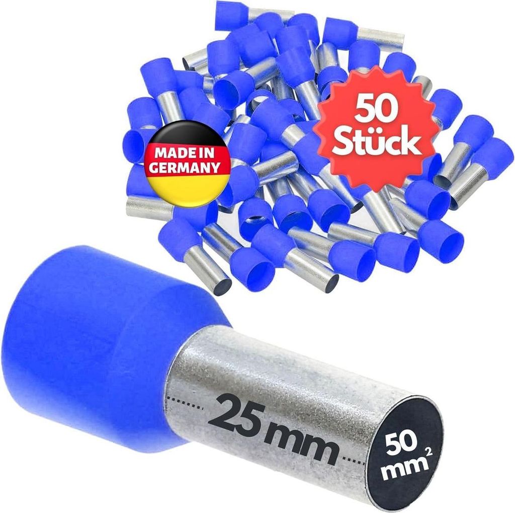 50 Stück Kalitec AE5025BL Aderendhülsen isoliert 50mm² 25mm lang blau I Germany I Industriequalität