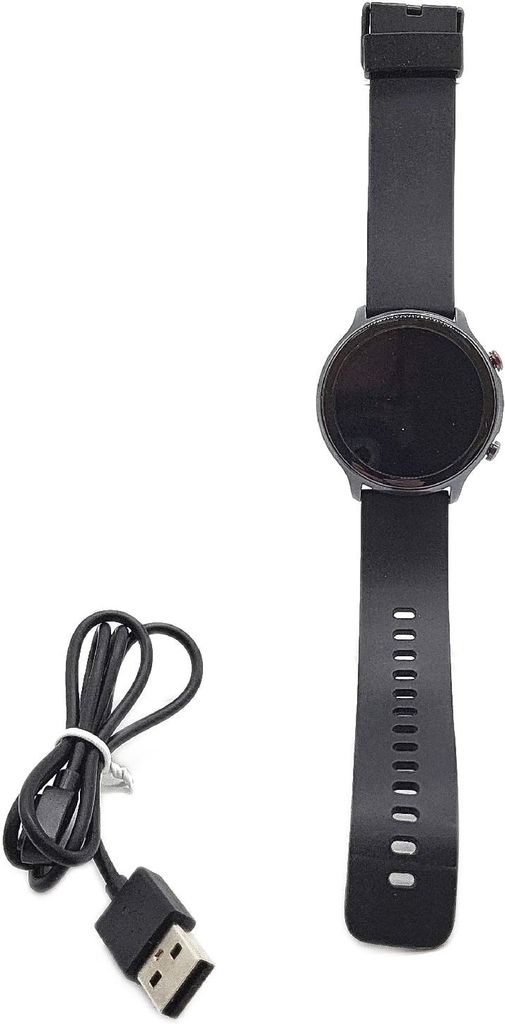 A black smartwatch and its charging cable are displayed against a white background.