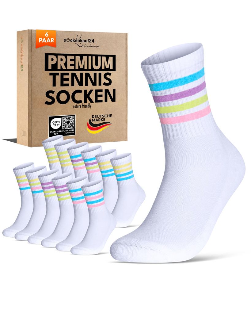 Sportsocken Herren Damen Tennissocken verstärkte Frotteesohle - 70107T weiß mit bunten Streifen 35-38 6 Paar