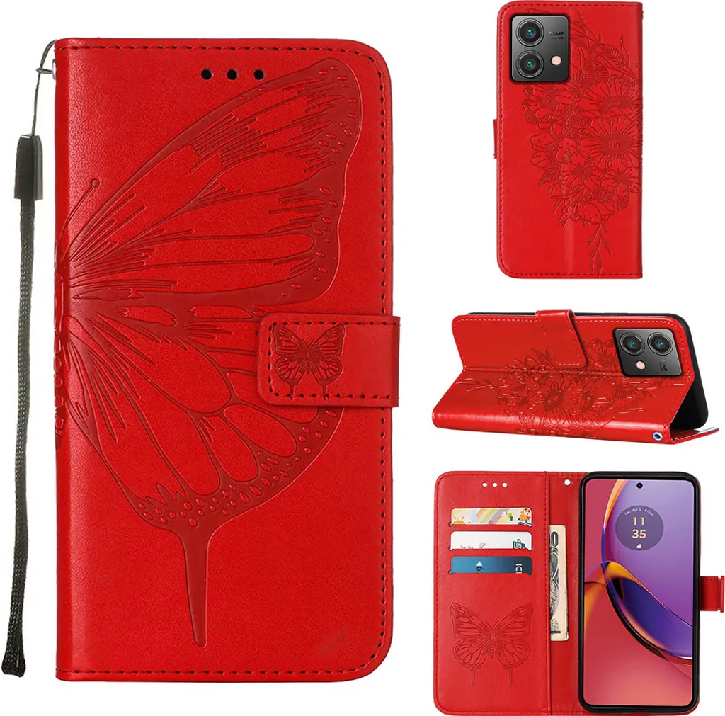 Cover Portafoglio Moto G84 Rosso Butterfly: Slot Carte e Stand Video