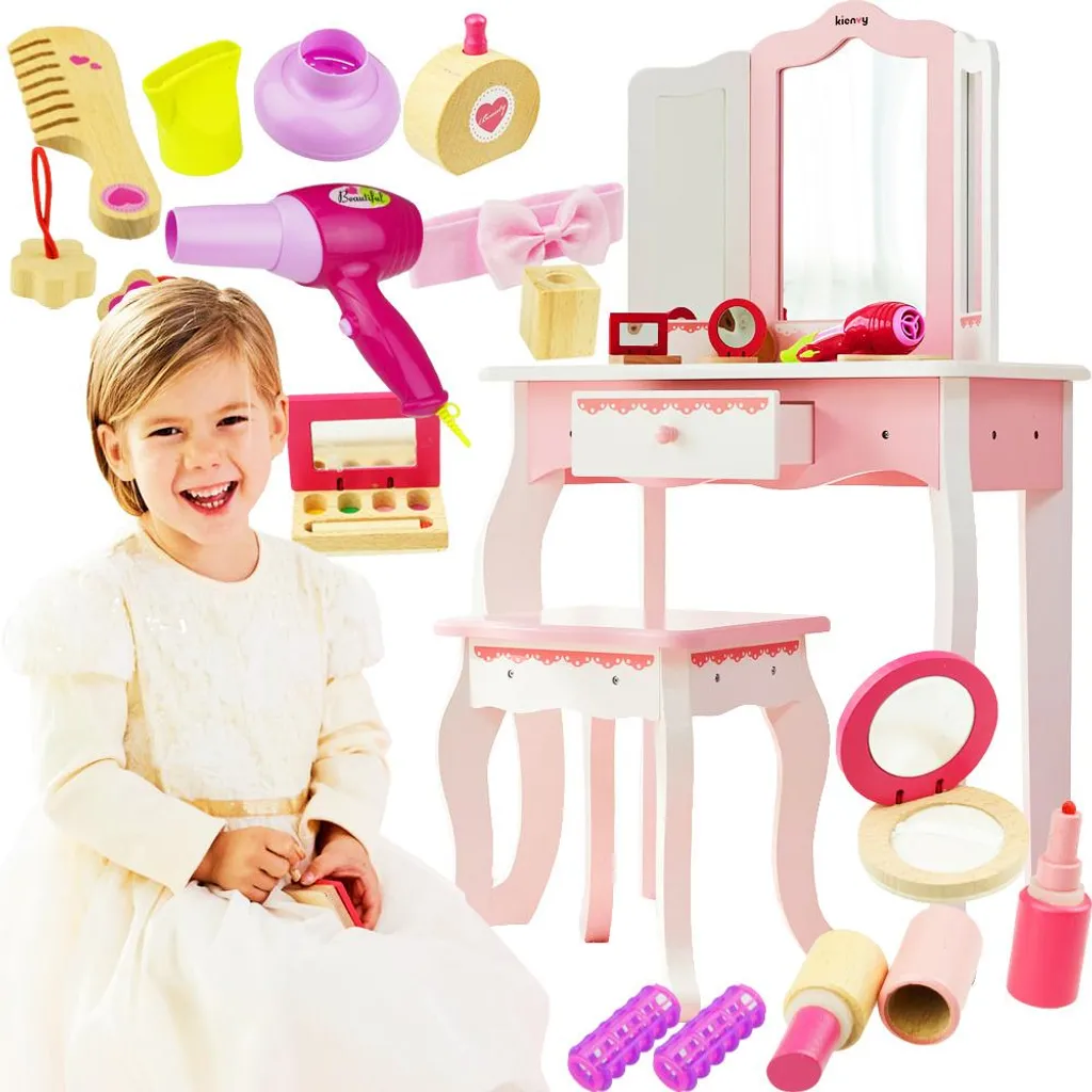Table de maquillage rose enfant en bois avec miroir triptyque et tabouret
