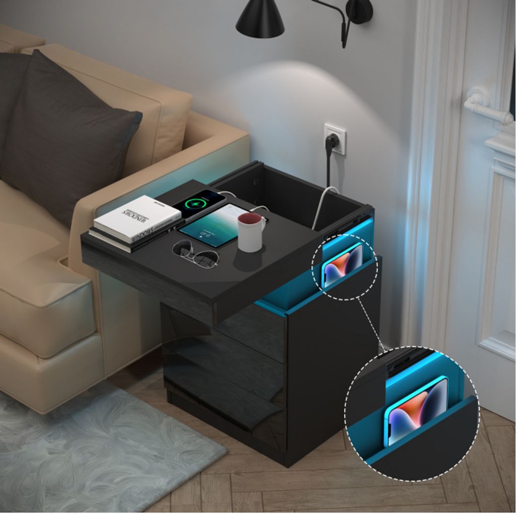 Intelligenter LED Nachttisch mit Ladestation,Schwarz Front Produktbild 