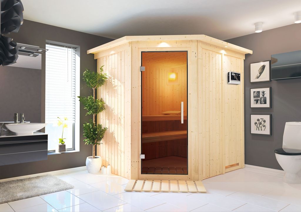 Karibu Sauna Innensauna Siirin Eckeinstieg Ofen 9 kW externe Strg easy 210x184x202 cm mit Dachkranz mit Graphittür