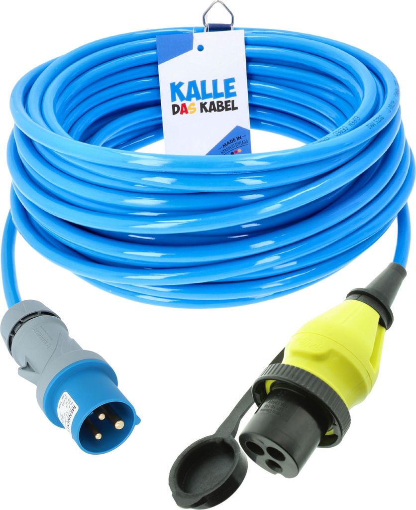 KALLE DAS KABEL CEE Landanschlusskabel H07BQ-F 3G 2,5 mm² 10 Meter 230V 16A CEE-Stecker & Philippi-Kupplung BLAU IP44 Landstrom Boot Schiff Yacht
