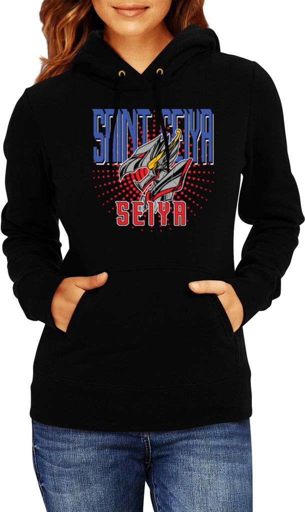 Damen Kapuzenpullover Japan Anime Manga Saint Anime Seiya Logo Seiya Mark, Lady 2XL / Schwarz
