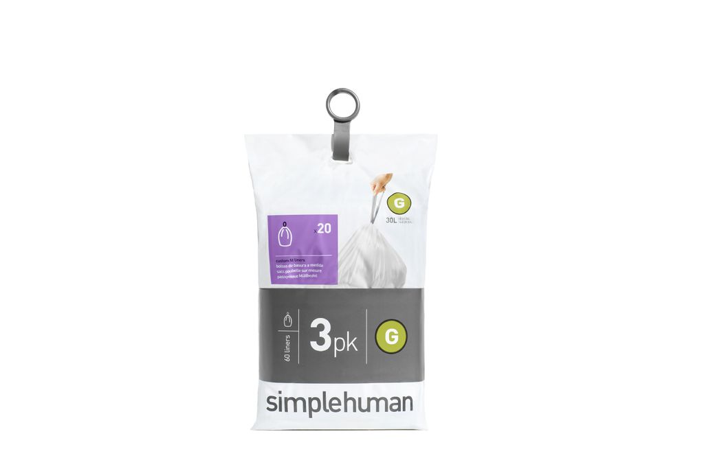 simplehuman Passgenaue Müllbeutel 3 x 20 Pack (60 Beutel), Code G, 30 Liter; CW0257