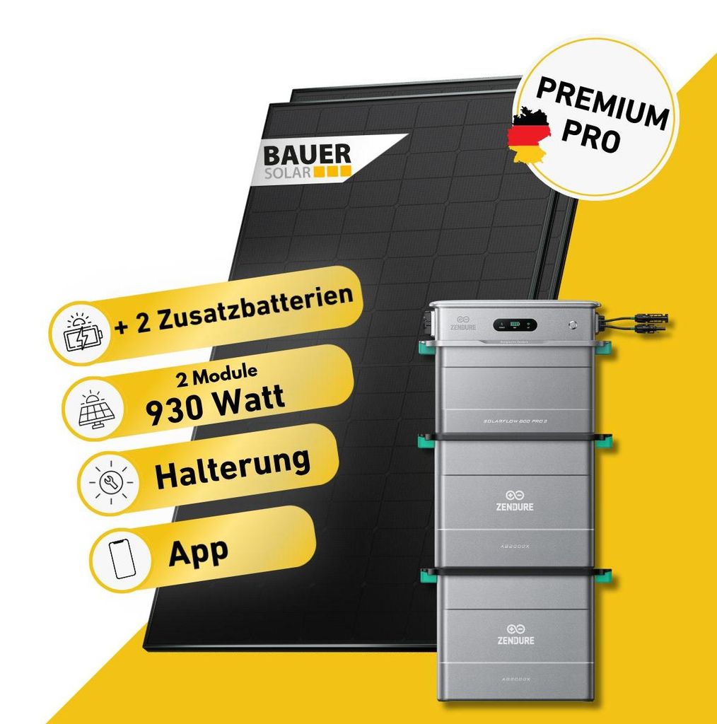 930 Watt, Bifazial Komplettset, Balkonkraftwerk, Zendure Solarflow 800 Pro 2, 2 x AB2000L Zusatzbatterie, Germany 10m Anschlusskabel und MC-4 Verl...