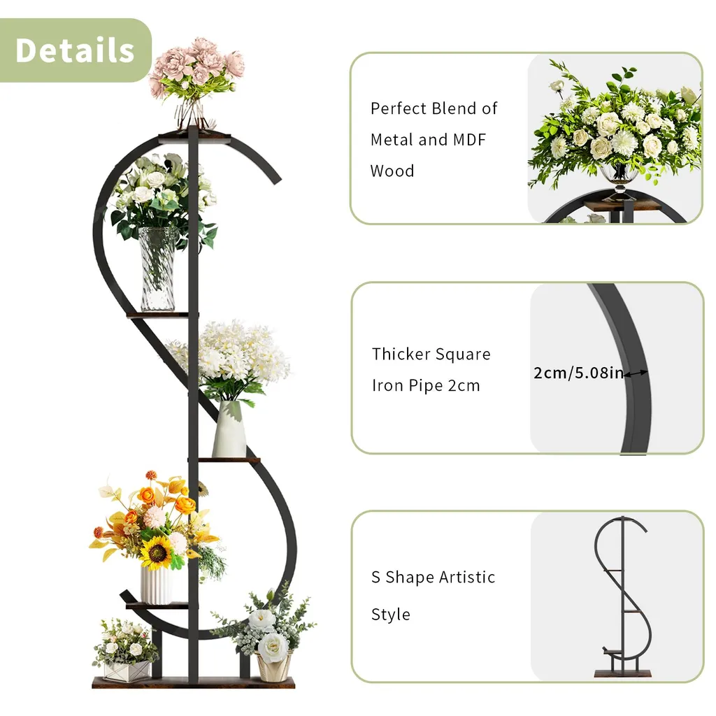 Support à fleurs vertical 5 niveaux gain de place stable marron rustique - 12