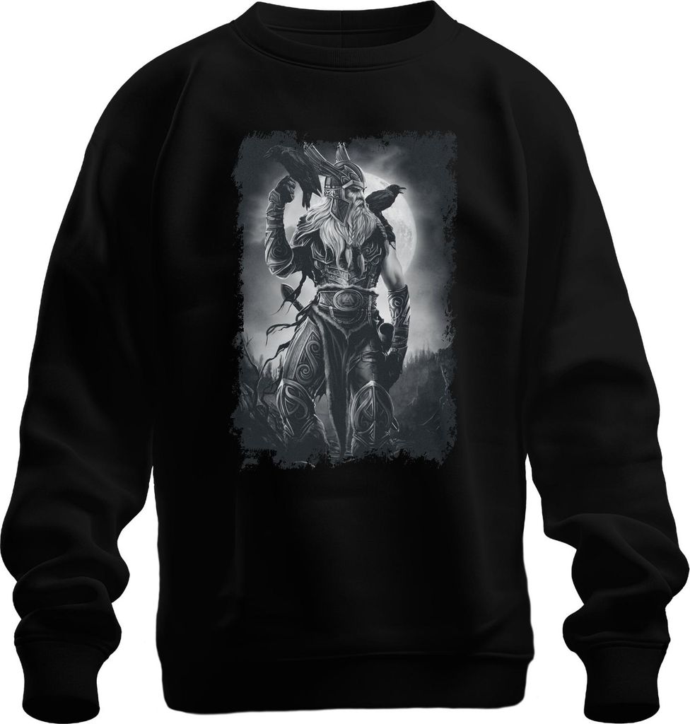 Wikinger Krieger Raben Odin Nordisch Mythologie Mond Runen Grunge Uni Sweatshirt Pullover, Schwarz, 3XL