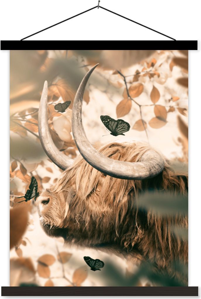 MuchoWow Textilposter Schottische Hochlandrind - Schmetterlinge - Hoorn 90x120 cm mit schwarzem Rahmen - Dekoration