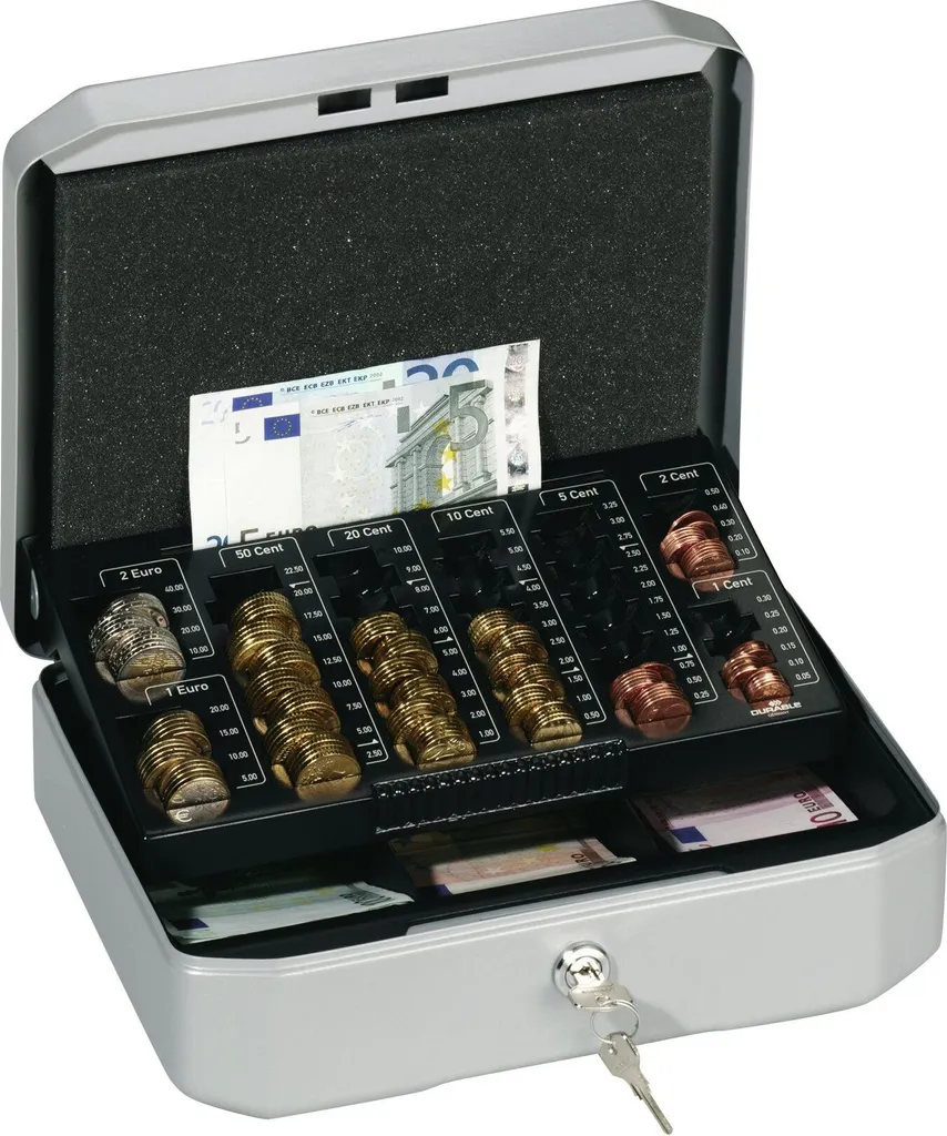 DURABLE Euroboxx S Caisse à monnaie en acier gris argenté solide