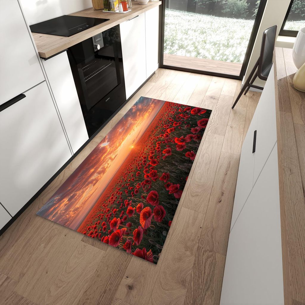 Küchenteppich 90x180cm rutschfest & abwischbar PVC Läufer - Mohnfeld Sonnenuntergang