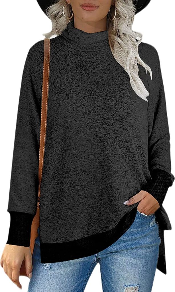 ASKSA Damen Rollkragen Sweatshirts Color Block Seitenschlitz Bluse Lässige Winter Langarmshirt, Schwarz, XL