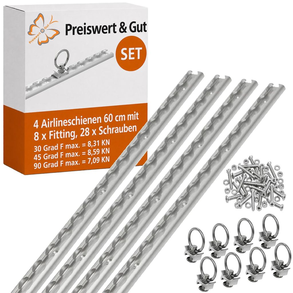 4 x Airlineschiene 60 cm mit 8 x Fitting Zurrschienen Produktbild 