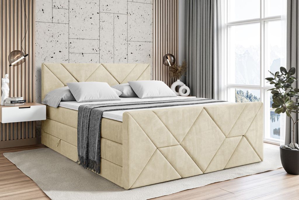 ALTDECOR Boxspringbett mit Fußteil, 2 Matratzen und Topper - 200x200 cm - BARWA-Z KING - Beige Monolith - Polsterbett mit, H3- und H4- Matratzen, ...