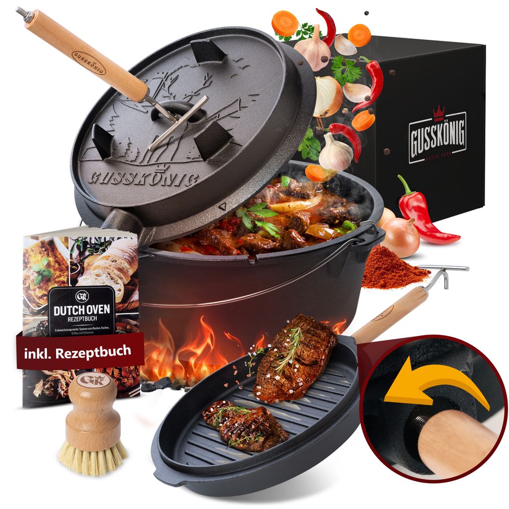 Gusskönig Dutch Oven 12 l mit Füßen 2in1 Deckelheber und Produktbild 