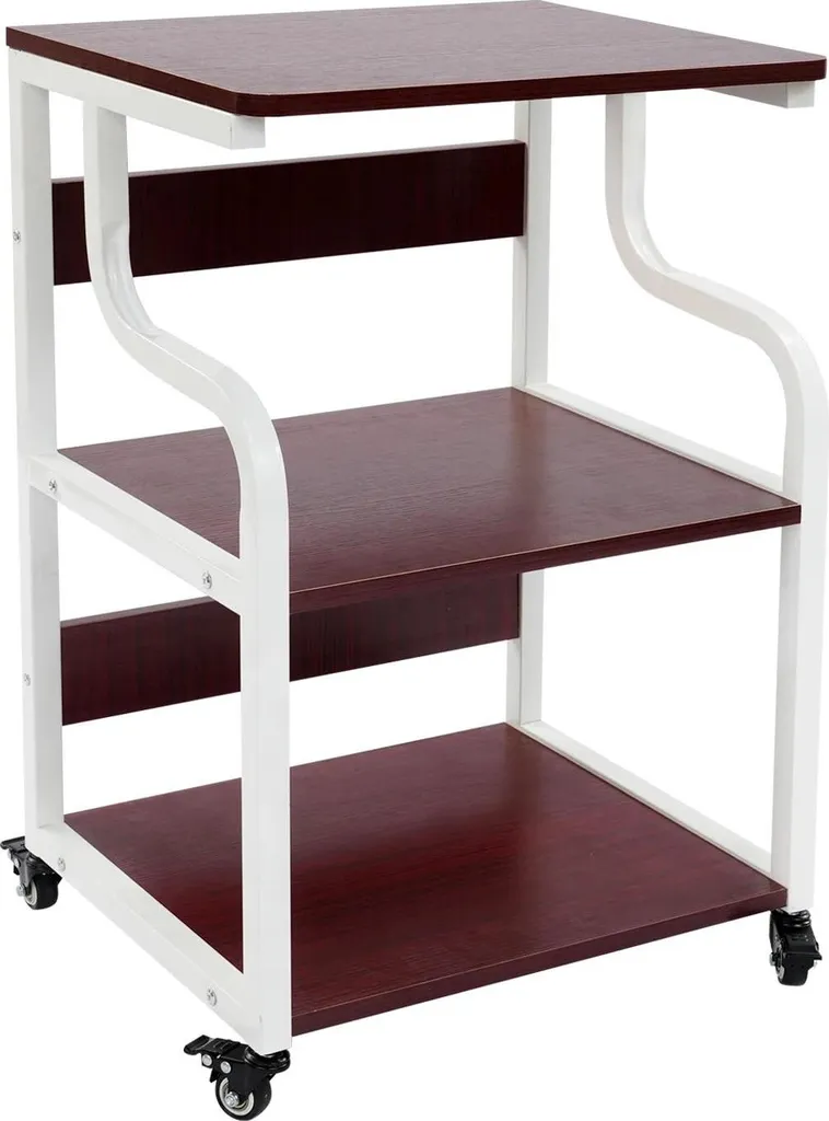 Tavolo per stampante - Carrello per stampante - 3 ripiani - Con rotelle - Struttura in metallo - Ripiani in legno - Per l'ufficio domestico - Stile rustico - Marrone