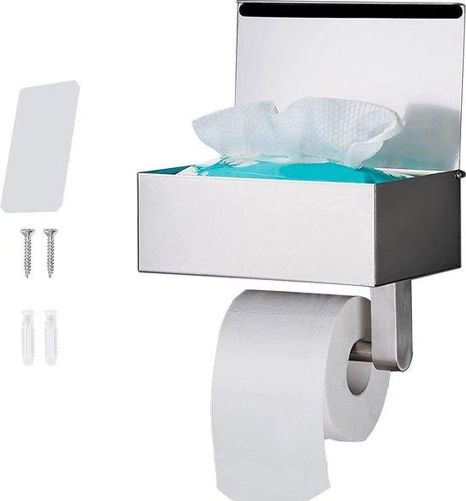Toiletpapierhalter mit feuchten Papiertuchbox, Edelstahl Silber Toilettpapierhalter ohne Bohren, Selbstklebender Toilettpapierhalter Wandmontage Pa...
