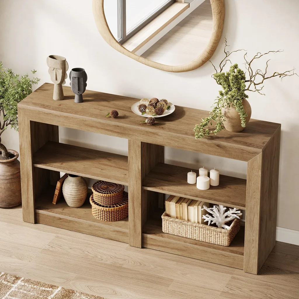 Console Longue 150cm Chêne Rustique, Structure Stable Derrière Canapé - 9