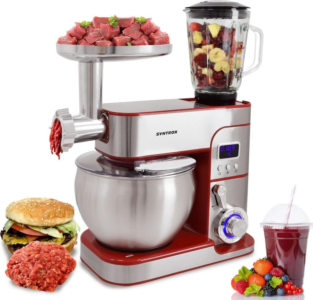 Syntrox Germany Küchenmaschine Glumya 7,0 l mit Fleischwolf, Mixer & Teigknetmaschine – 1300 W, 6 Geschwindigkeitsstufen, LED-Display (Rot)