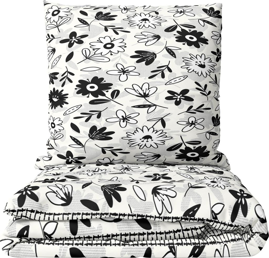 Bettwäsche Baumwolle 155x220 cm Renforce Weiß Schwarz florales Muster mit kariertem Wendestil Reißverschluss
