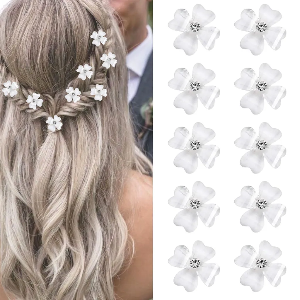 Accessoires cheveux mariée : 10 épingles fleurs blanches et strass