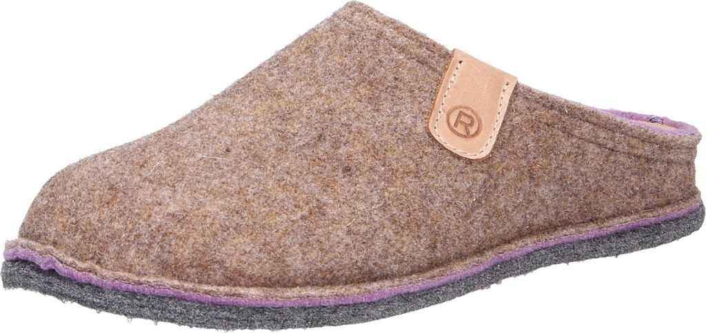 A single brown slipper with a purple lining is shown against a white background.